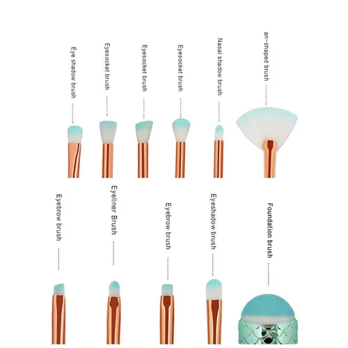 Funfunman - Brochas de maquillaje, 11 piezas, base de maquillaje, delineador de ojos para cejas, colorete, brochas correctoras cosméticas (sirena