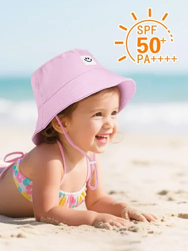 Miniatura 5 de Cooraby Paquete de 4 sombreros de sol para bebé, transpirable, con sonrisa, sombrero de cubo protector solar para bebé, gorra ajustable para bebé