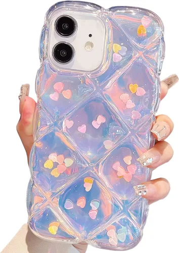 Miniatura 10 de Qokey Funda para iPhone XR de 6.1 pulgadas, lindo láser gradual Bling Love Heart Glitter Clear+Translucent Card Soft Wave Frame Anticaída 3D gruesa
