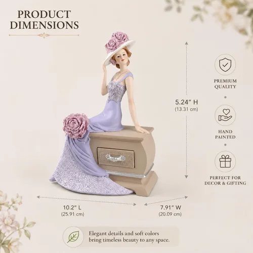 Miniatura 8 de Comfy Hour Figura de vestido de dama victoriana en lavanda, elegante estatua de mujer sentada en la base decorativa del pecho, acento de decoración