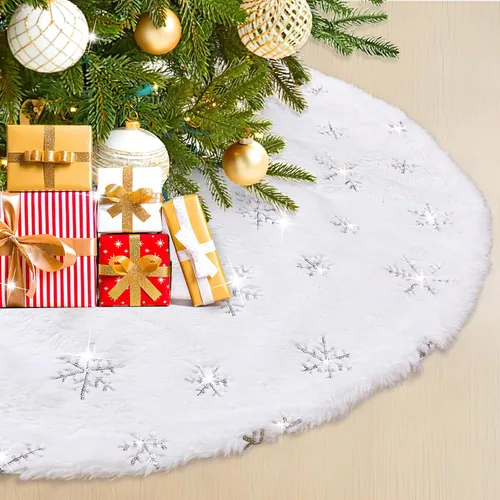 Miniatura 12 de Falda de árbol pequeña de 24 pulgadas, falda de árbol de piel sintética blanca de Navidad de 4 pies, mini copos de nieve de lentejuelas doradas