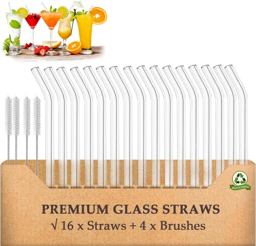 Pajitas de vidrio reutilizables para beber, paquete de 20 popotes de vidrio de 0.236 x 0.315 in, resistentes a los golpes, incluyendo 16 doblados