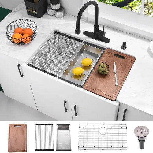 Fregadero de cocina de arcilla refractaria de 33 pulgadas, 33 x 20 pulgadas, color blanco, delantal frontal de cerámica de porcelana de campo,