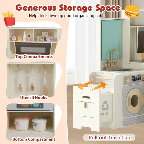 Miniatura 6 de Costzon Cocina de Juego de Esquina, Cocina Grande de Juego de Simulación con Luz y Sonido Reales, Cubo de Basura Extraíble, Estufas, Microondas