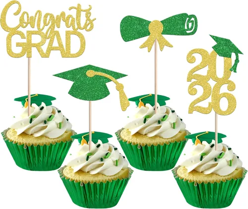 Miniatura 28 de Rsstarxi Paquete de 24 adornos para cupcakes de graduación 2026, con purpurina azul, para la clase de 2026, para diplomas, 24 piezas (6 diseños)
