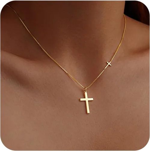 Miniatura 49 de Collar de cruz para mujeres y niñas, delicado chapado en oro de 14 quilates, gargantilla con dije de cruz que no se deslustra, impermeable, moderno