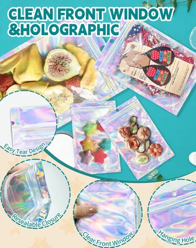 Miniatura 6 de Bolsas holográficas Mylar de 4 x 6 pulgadas, 100 bolsas pequeñas transparentes resellables a prueba de olores, bolsa de embalaje de plástico