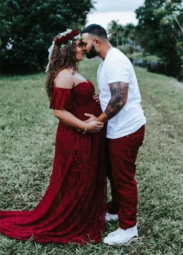Miniatura 4 de ZIUMUDY Fotografía Vestido de maternidad fuera del hombro Encaje Baby Shower Vestido de novia embarazada