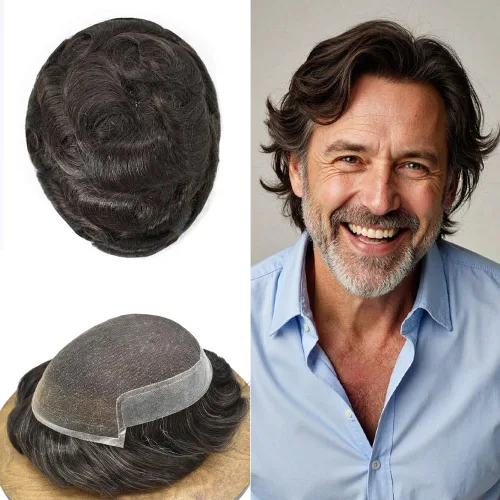 Miniatura 95 de LYRICAL HAIR Sistema de cabello humano con encaje frontal francés para hombres, tupé de piel de polietileno para hombres, línea capilar natural