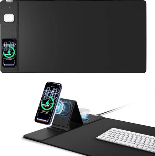 Miniatura 12 de Wireless Charging Mouse Pad with Foldable Phone Holder, 31.5"x15.8" Large Desk Mat for Laptop/Keyboard, Waterproof Ultra-Smooth Surface, Non-Slip