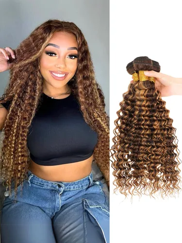Miniatura 25 de P4/27 Cabello Humano Solitario de Onda Profunda con Reflejos Rubios Miel, 12A 100% Tejido Brasileño Virgen Ondulado Grueso con Mechas Ombre Marrón