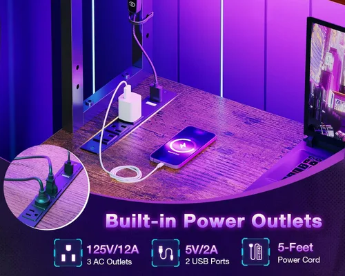 Miniatura 6 de ODK - Escritorio en forma de L de 53 pulgadas con iluminación LED, escritorio reversible para juegos con tomas de corriente, mesa de computadora