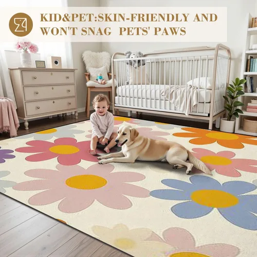Miniatura 4 de Alfombras bohemias de 6 x 9 pulgadas, estilo floral, estilo años 70, diseño de margaritas, retro, floral, ingenuo, lavable, alfombra de pelo bajo