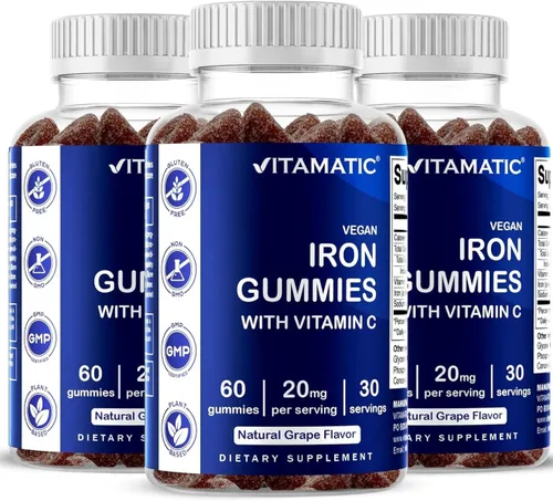 Vitamatic Suplemento de gomitas de hierro para mujeres y hombres, porción de 20 mg, 60 gomitas veganas, vitaminas de gomitas de hierro de gran sabor