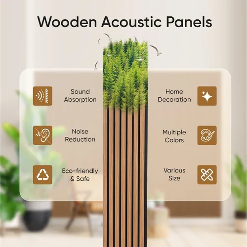 Miniatura 2 de Paquete de 2 paneles acústicos de listones de madera para pared y techo, paneles de pared de madera insonorizantes de 94.49"×12.80" para decoración