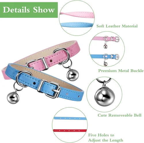 Miniatura 3 de Weewooday 6 piezas de collar de cuero para gato con campana, lindo collar de cuero para gatito para niños y niñas, gatos para gatitos pequeños