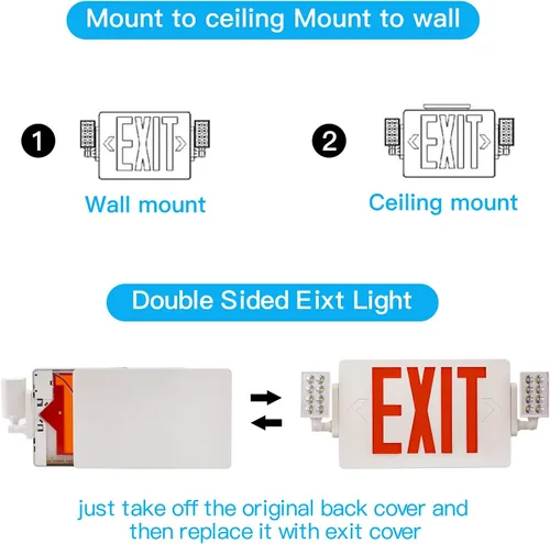 Miniatura 4 de Paquete de 1 letrero de salida con certificación UL con luces de emergencia, dos luces LED de emergencia de cabeza ajustable con batería, 120-277