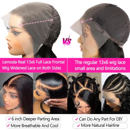Miniatura 3 de Lemoda 13x6 Pelucas de encaje frontal completas de cabello humano 200% de densidad, peluca lacia HD con encaje frontal transparente de 13x6