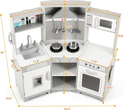 Miniatura 2 de JOYLDIAS Cocina de juego para niños, juego de juguetes de cocina de esquina de madera para niños pequeños, luces y sonidos realistas, horno Blanco