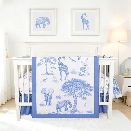 TANOFAR Juego de ropa de cama para cuna de 4 piezas para bebés, niños, juego de ropa de cama de elefante azul para guardería que incluye edredón,