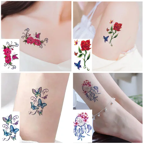 Miniatura 5 de 60 hojas de tatuajes temporales de flores, tatuajes de mariposas, palabras, líneas, tatuajes para adultos, hombres y mujeres