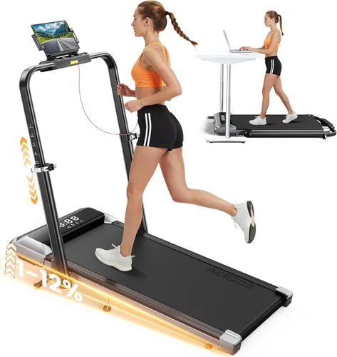 Miniatura 10 de Acezoe Walking Pad with 12% Incline & Height-Adjustable Handlebar, 5-in-1 Foldable Treadmill for Home & Office, Portable Under Desk Treadmill with
