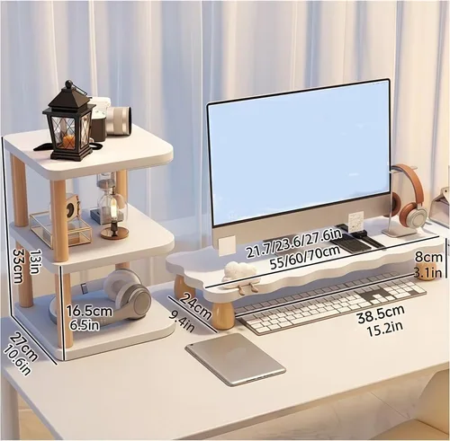 Miniatura 2 de Juego de soporte de monitor para escritorio, elevador de monitor de madera con estante de almacenamiento, soporte de monitor de computadora