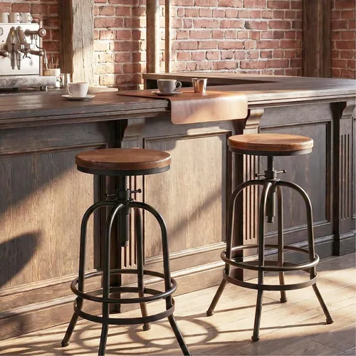Miniatura 13 de Taburete de bar industrial, de 26 a 32 pulgadas, ajustable, giratorio, de piel sintética, taburete de bar con reposapiés, para cocina, comedor, pub