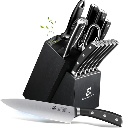 Juego de cuchillos, juegos de bloques de cuchillos de cocina con afilador, juego de 6 cuchillos para carne ondulados con bloque, 15 piezas de