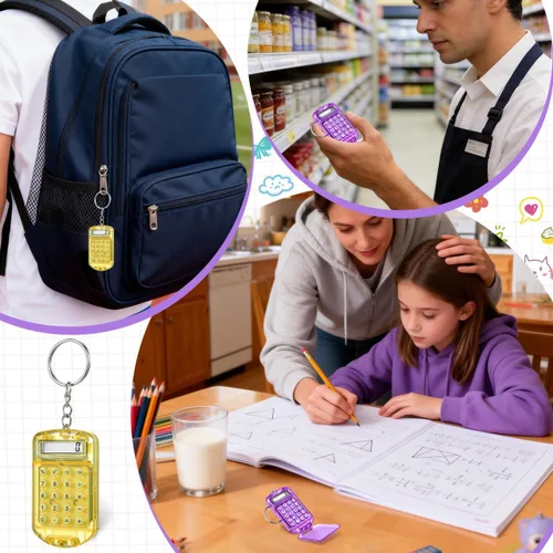 Miniatura 7 de NUOBESTY Mini calculadora de 3 piezas, calculadora de bolsillo pequeña con llavero, herramienta electrónica portátil de 4 funciones para escuela