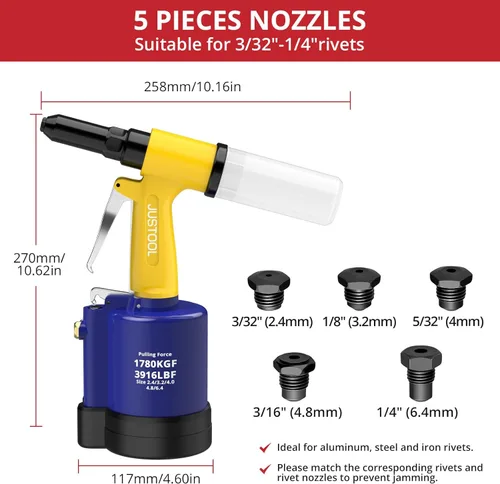 Miniatura 3 de JUSTOOL Pistola de remache neumática de alta resistencia 3916 LBF Air Rivet Gun-3/32", 1/8", 5/32", 3/16", 1/4" Remachadora de aire con NPT 1/4