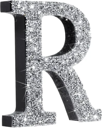 Miniatura 28 de Qunclay Letras brillantes de cristal plateado de 5.7 pulgadas, decoración de diamantes triturados, letra de madera con purpurina con tornillo