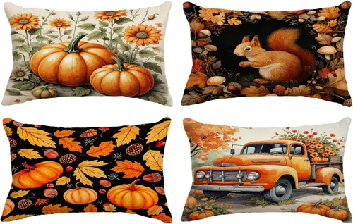 Miniatura 15 de Juego de 4 fundas de almohada de otoño de 12 x 12 pulgadas, fundas de almohada de calabazas de Acción de Gracias, fundas de cojín decorativas