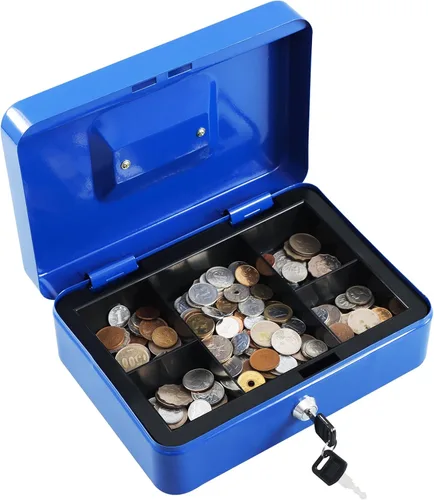 Miniatura 3 de xydled Caja fuerte grande de acero con cerradura con bandeja extraíble para monedas y cerradura de llave, 9.84"x 7.87"x 3.54" pulgadas, azul