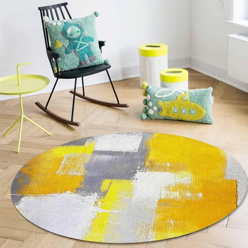 Miniatura 4 de Libaoge Alfombra redonda amarilla de 3 pies para cuarto de bebé, alfombra abstracta moderna y contemporánea, alfombra de yoga para niños y niñas