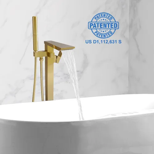 Miniatura 4 de RUMOSE Llenador de bañera de oro cepillado, relleno de bañera independiente para montaje en el suelo, grifo de bañera de cascada con certificado