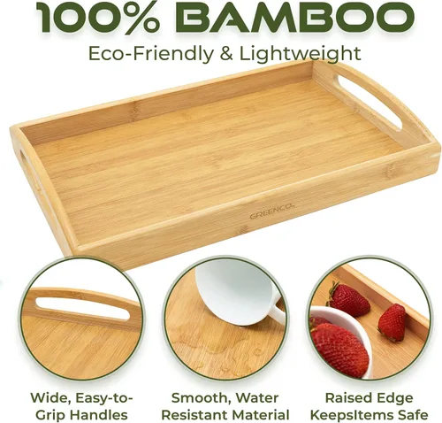 Miniatura 3 de Greenco Bandeja rectangular de bambú para servir mayordomo con asas, bandejas de cama para comer, bandeja de cama, bandeja de desayuno