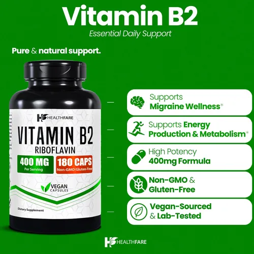 Miniatura 2 de Healthfare Riboflavina de vitamina B2 de 400 mg 180 cápsulas veganas Alta potencia Sin OMG Sin gluten Fabricado en Estados Unidos