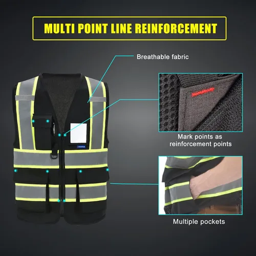 Miniatura 5 de AYKRM 11 color alta visibilidad reflectante chaleco de seguridad para mujeres hombres bolsillo cremallera ANSI/ISEA estándar Negro