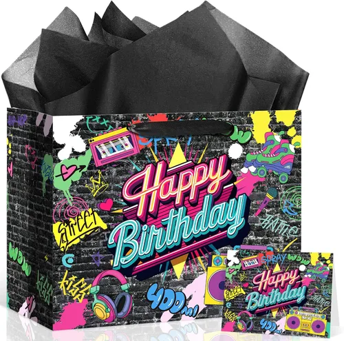 Miniatura 10 de Bolsa de regalo de cumpleaños de los años 90 para hombres y mujeres, bolsas de recuerdos de fiesta temática retro de los años 90 con papel de seda