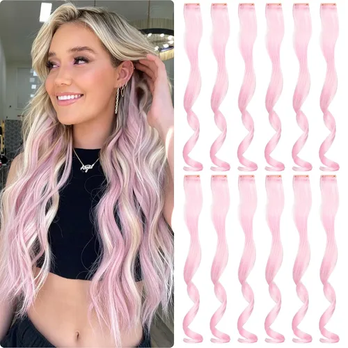 Miniatura 13 de Extensiones de cabello de colores 12 piezas de 24 pulgadas, extensiones de cabello rosa cosplay con clip, color arco iris, para fiesta, largo