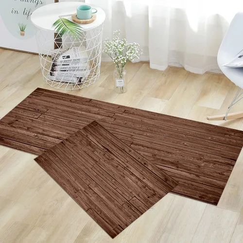 GUBIYU Juego de 2 alfombras y tapetes de cocina anti marrón, alfombra de baño rústica, alfombra de cocina con textura de madera, alfombra de baño