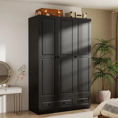 Armario Armario con cajones: armario negro de 74 pulgadas con 3 puertas, Armario alto con barra para colgar, armario grande de madera para