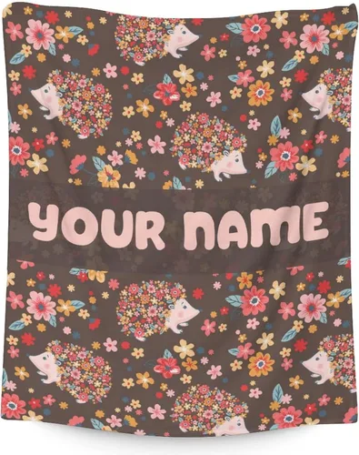 Manta de erizo personalizada con nombre, 50 x 40 pulgadas, bonita manta para niñas, mantas suaves y peludas marrones para cuna, sofá y viajes