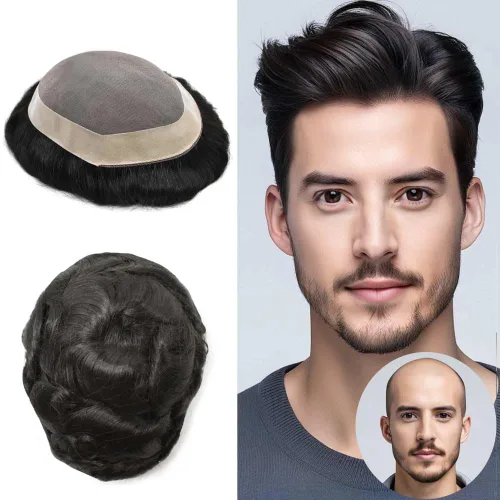 FACE MIRACLE - Pelucas de cabello humano real para hombre, con revestimiento de poliéster, prótesis de cabello masculino, 8 x 11, 1#, negro