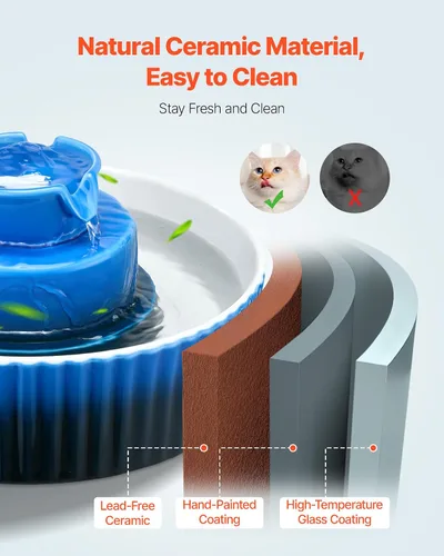 Miniatura 3 de VEVOR - Fuente de agua de cerámica para gatos, fuente de agua VEVOR de 2.1L/71 onzas, dispensador de agua de porcelana, bomba ultrasilenciosa, área