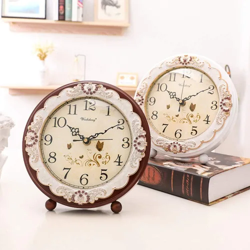 Miniatura 6 de Justup Reloj de mesa vintage, estilo retro europeo sin tictac, reloj de escritorio operado con baterías, movimiento silencioso de cuarzo para Marrón
