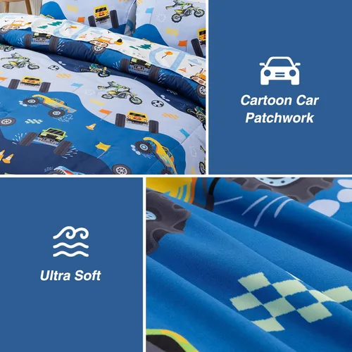 Miniatura 7 de A Nice Night Juego de edredón de 5 piezas de cama en una bolsa, diseño de caricaturas de dibujos animados para niños, juego de ropa de cama de Azul