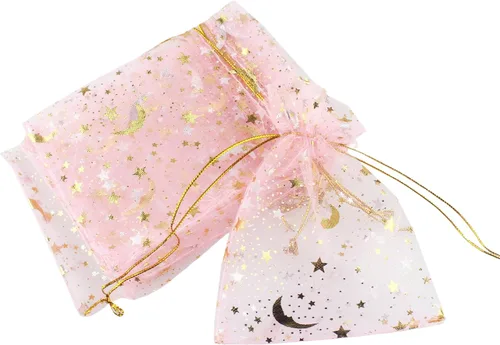 Miniatura 12 de QIANHAILIZZ - 100 bolsas de organza con diseño de estrellas y lunas para joyas, para regalo de caramelos, regalo de matrimonio, con cordón