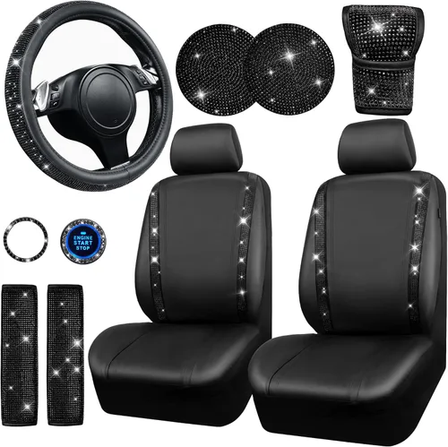 Miniatura 22 de CAR PASS Juego de fundas de asiento de coche con diamantes brillantes de 11 piezas, accesorios de coche con diamantes brillantes para mujer, funda